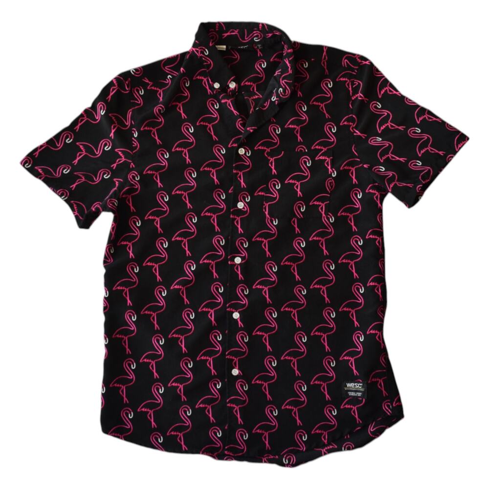 Wesc Black Short Sleeve Button-Down Shirt with Pink Flamingo Print